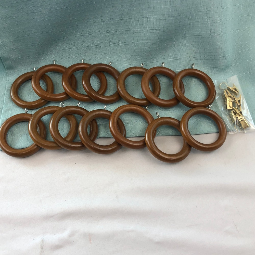 Vintage Wood Curtain Rings (14) Set with Metal Clips, Walnut Finish 2.5 Inch